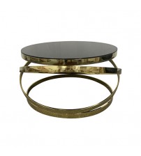 Coffee Table Round Tempered Glass Top Black Planetary Ring Shaped Design Titanium Gold Platina